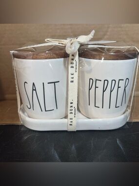 Rae Dunn White Ceramic Salt & Pepper Set with Wood Lids